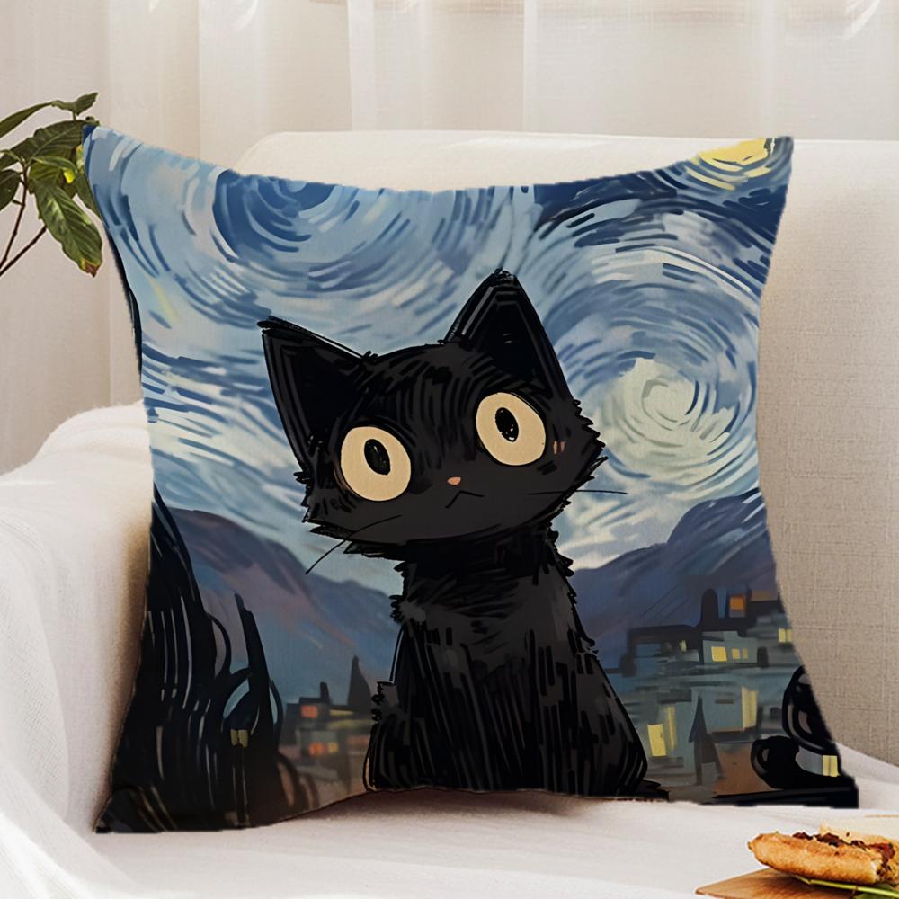 Black C-cat Cushion Cover Premium Comfort Reversible Pillow Cover - Dual - Use Design for Home & Car