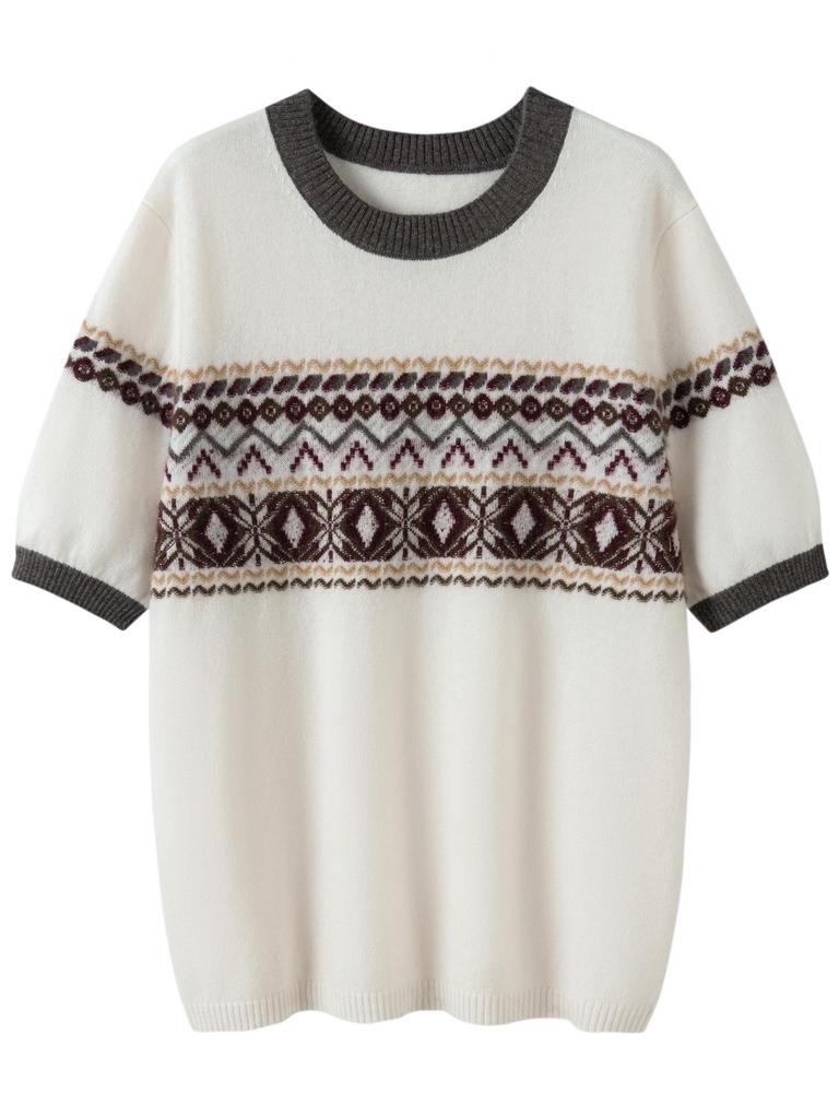 New Jacquard Cashmere Fair Isle Color Block Pullover with Five-Point Sleeves - Perfect for Autumn and Winter