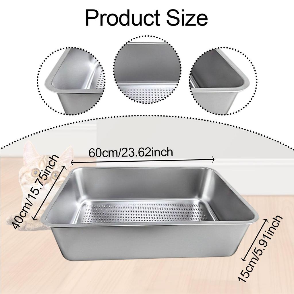 Portable Cat Litter Tray Stainless Steel High Sided Non Stick Open Metal Sifter for Indoor Enclosure Small Animals