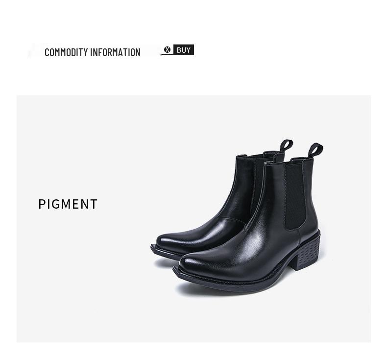 Men's Large Size Pointed Toe Leather Chelsea Boots with Thick Soles and High Heels - British Style Height Increasing Short Boots.