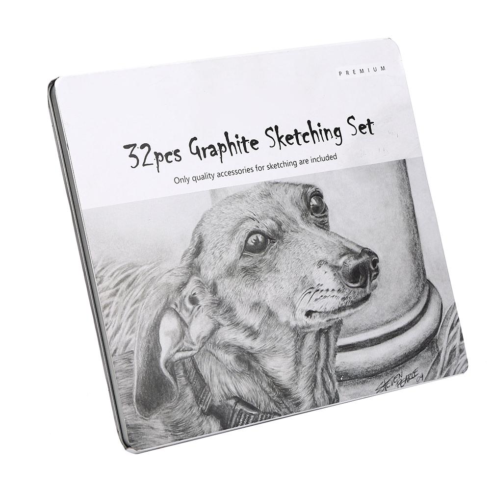 32Pcs Sketch Pencil Set Beginner Painting Tool Art Supplies with Iron Storage BoxBlack No.1