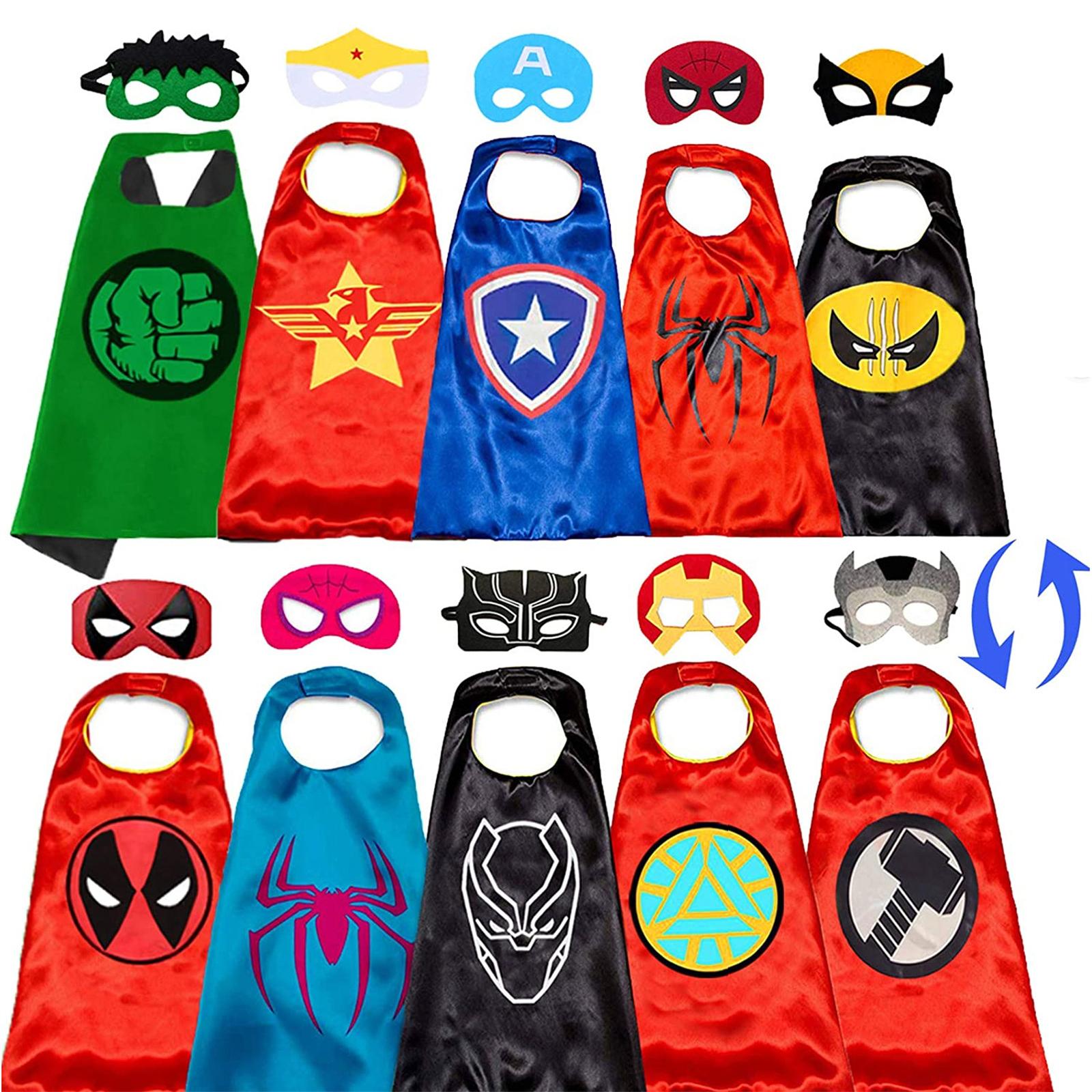 Set of 10 Reversible Capes with Matching Masks for Kids Superhero Role Play Costume Accessories for Dress Up and Themed Parties