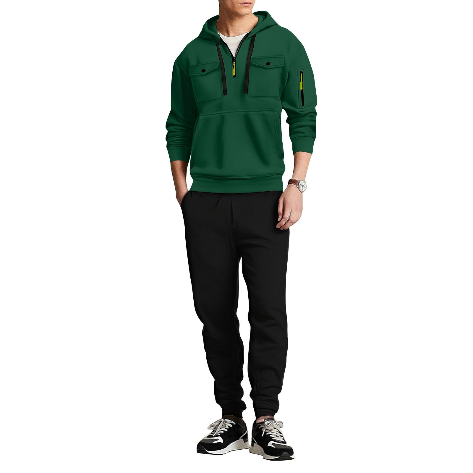 

Men Multi Pocket Casual Zipper Pullover Hoodie Set L темно-зеленого