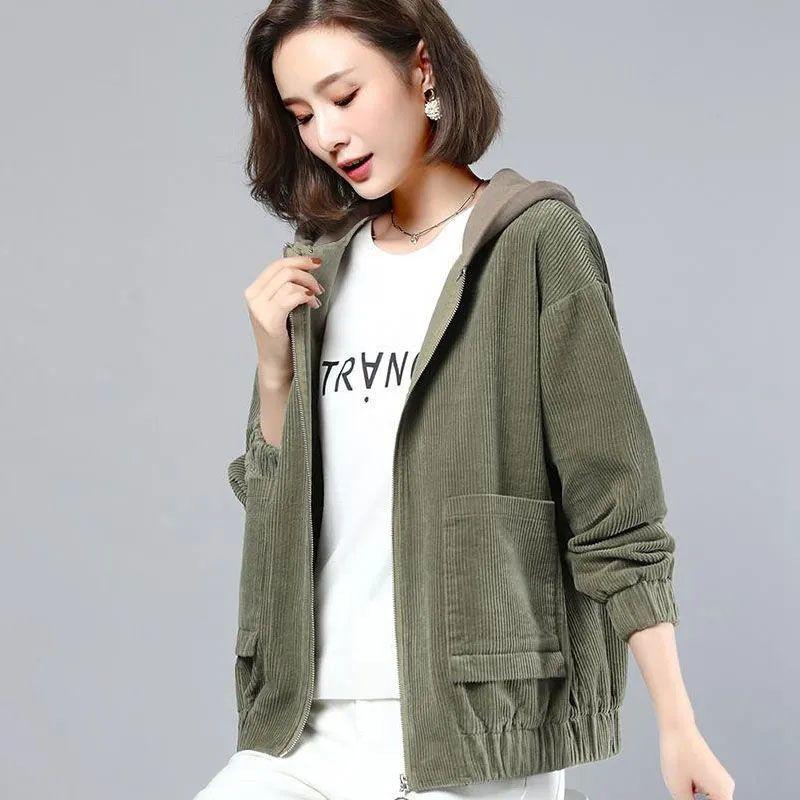 Women's Corduroy Jacket Spring Autumn Loose Mom Korean Version Hooded Short Thin Coat Large Size Casual Style