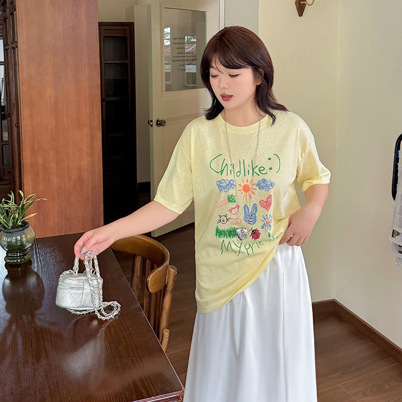 Large size age-reducing graffiti printing T-shirt summer new cool pullover versatile top 232528