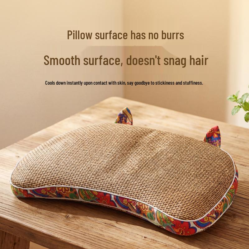 Summer Cooling Cat Ear Pillow - Mugwort Cervical Support with Rattan and Coarse Cloth Design