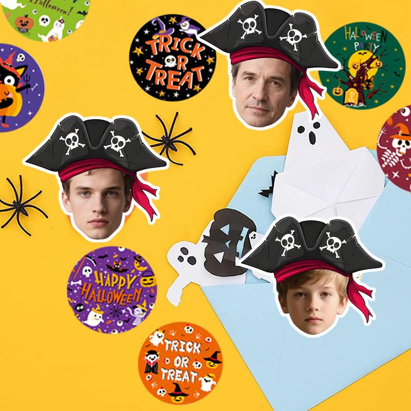 50pcs Customized Halloween Sticker 5cm Personalized Pirate Hat With Custom Face Label Funny Paper Stickers Hallow Party Supply