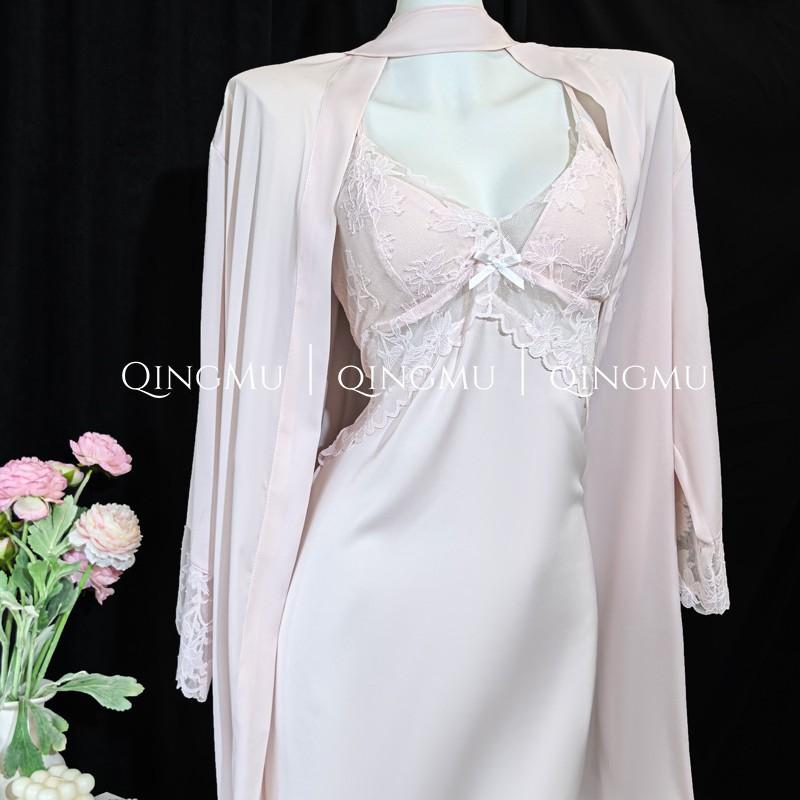 New acetate silk suspender nightgown women's 1011 spring and summer sexy pajamas with chest pads hollow nightgown thin summer