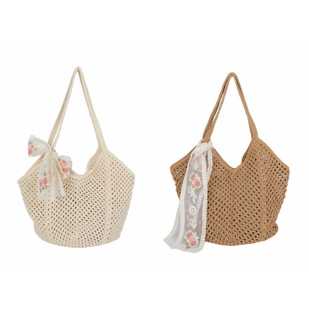 Solid Color Women Knitting Shoulder Bag Hollow Large Capacity Crochet Tote Bag Sundries Storage Bag Shopping Bag Woven Handbag