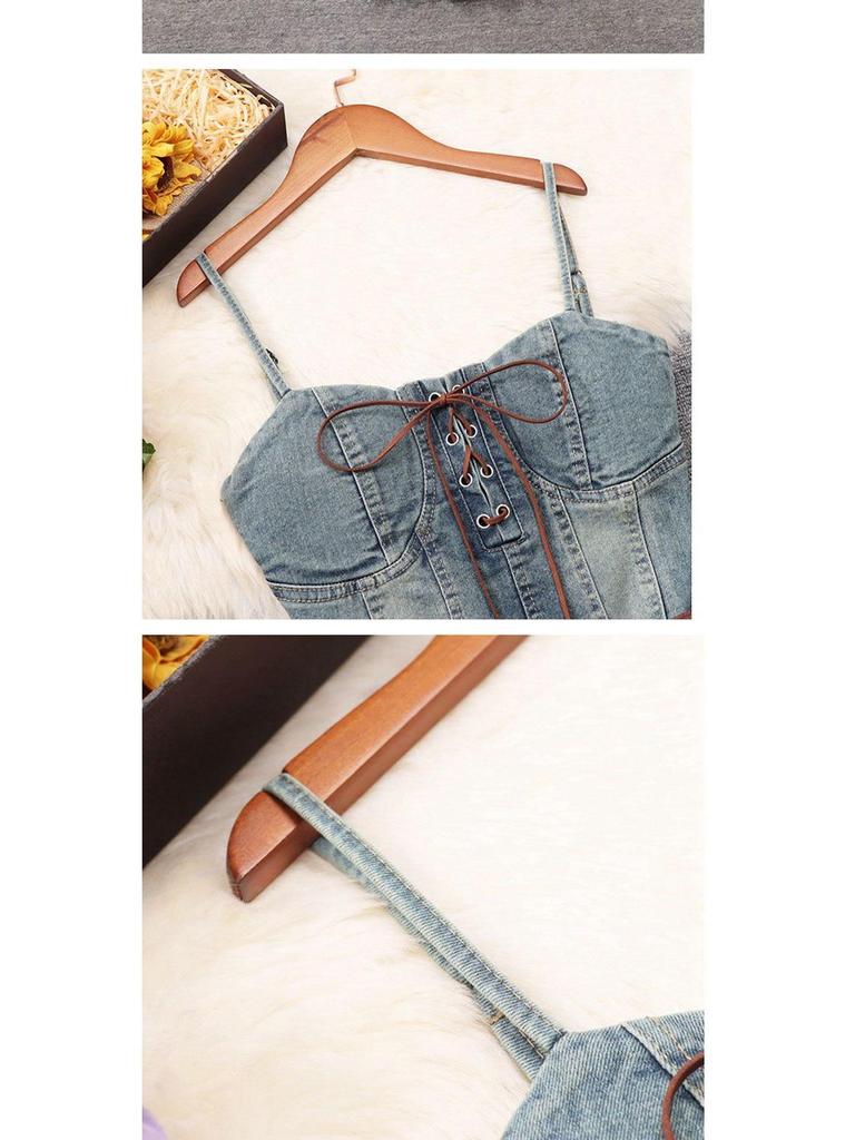 2025 Summer Plus Size Retro Denim Waist-Cinching Slip Dress for Women