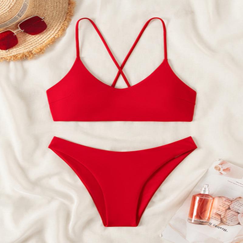 

Европейское и американское бикини без бретелек на шнуровке 2024: Однотонный треугольный пляжный купальник для женщин XL красный