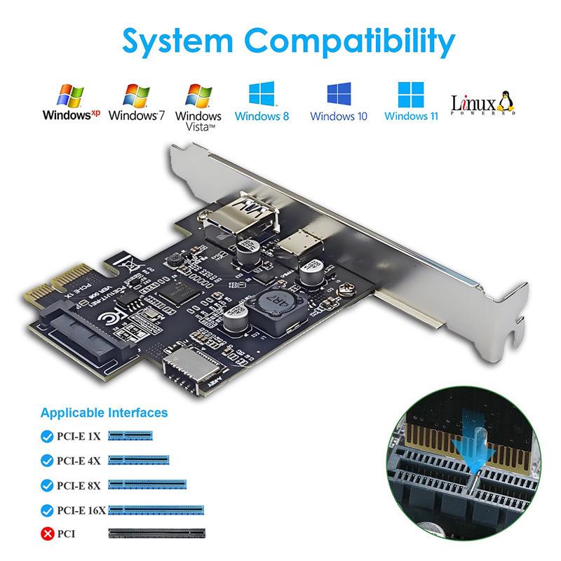 USB 3.2 Gen 1 Expansion Card with 5Gbps, USB-A, Type-C, and Type-E Ports, D720201 Controller