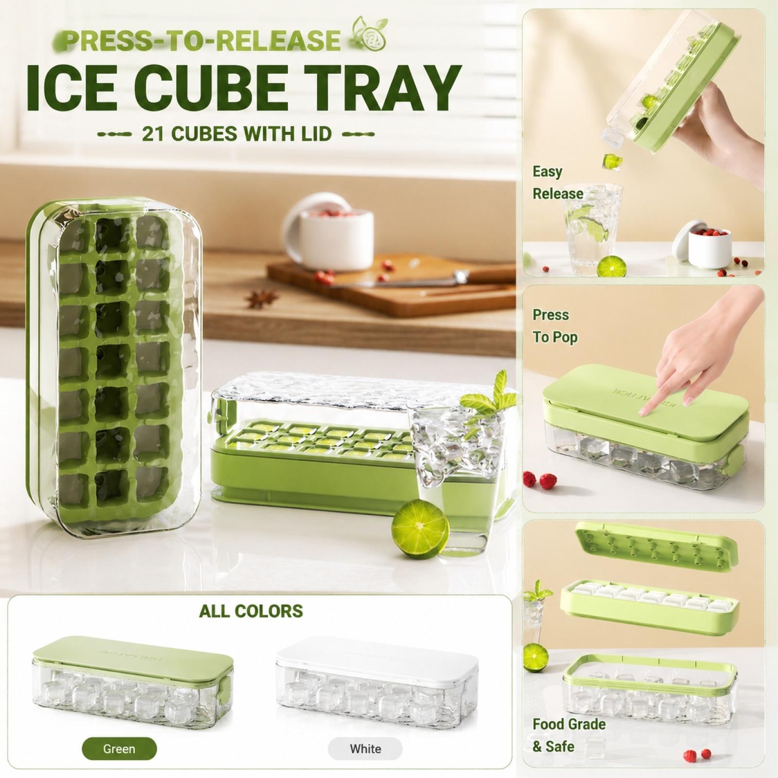 Tray with Lid 21 Grid Food Grade Material Press Release Ice Mold Household Ice Making Box Storage Container for Freezer Use One Size зелёный