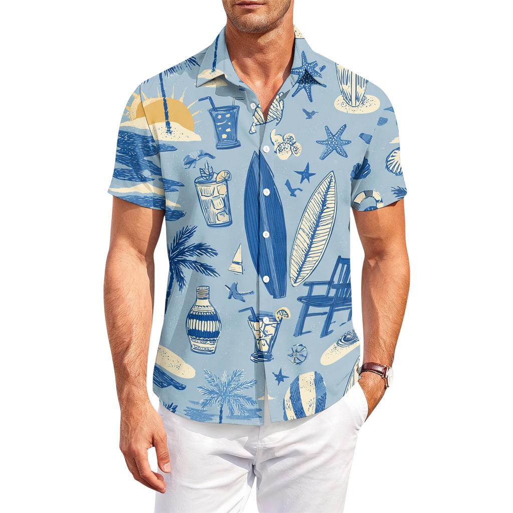 Men’s Casual Short Sleeve Collared Shirt with Floral Print for Outdoor and Wear Lightweight Comfortable Fit