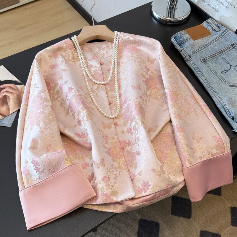 

Age-Defying Slimming Jacquard Embroidery Jacket for Middle-Aged Women - Spring/Autumn Chinese Style Large розовый