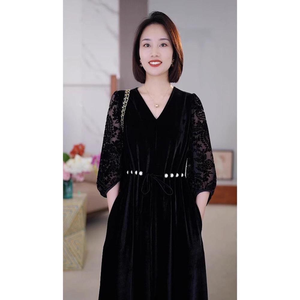 Autumn Gold Velvet Long Sleeve Dress - Slimming Mid-Length Over-the-Knee Skirt