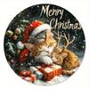 D Circular Wooden Merry Christmas Sign Christmas Hat with Cat and Reindeer Patterns Suitable for Home Room Porch Decoration