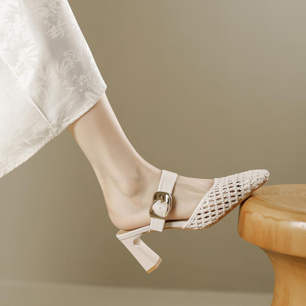 Woven Sandals Women's Summer 2025 New Models with Skirts French Square Head Thick Heel Hollow Outer Wear Bag Head Half Slippers