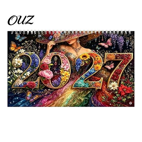 New Year Gift for Artists 2027 DIY Faux Diamond Art Hanging Calendar, Rhinestone Painting Illustration Seasonal Craft Enthusiasts Theme Spiral