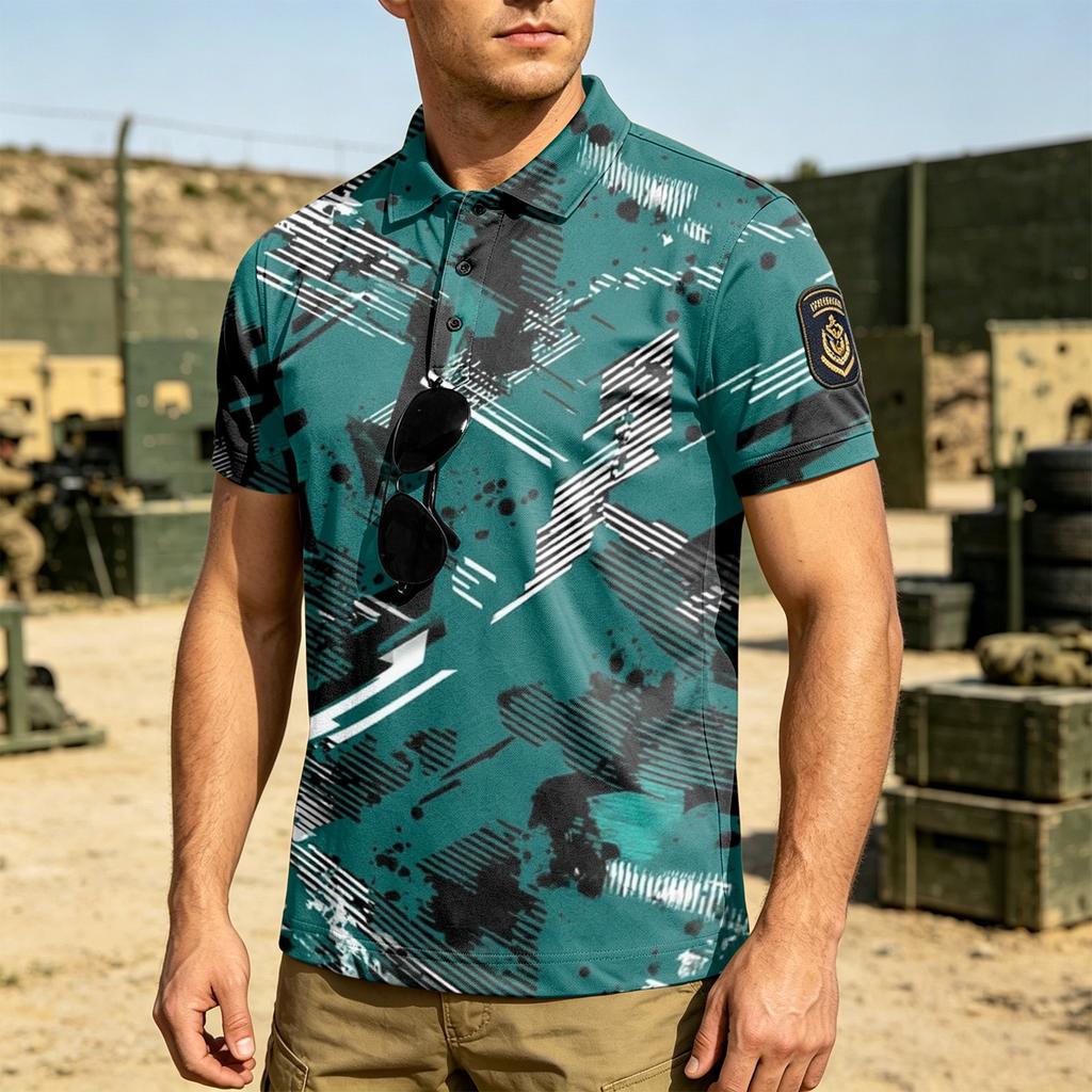 Men's Tactical Polo Shirt Loose Fit Breathable Outdoor Quick Dry Short Sleeve Camouflage Print Collar Shirt with Hook and Loop Patch Area