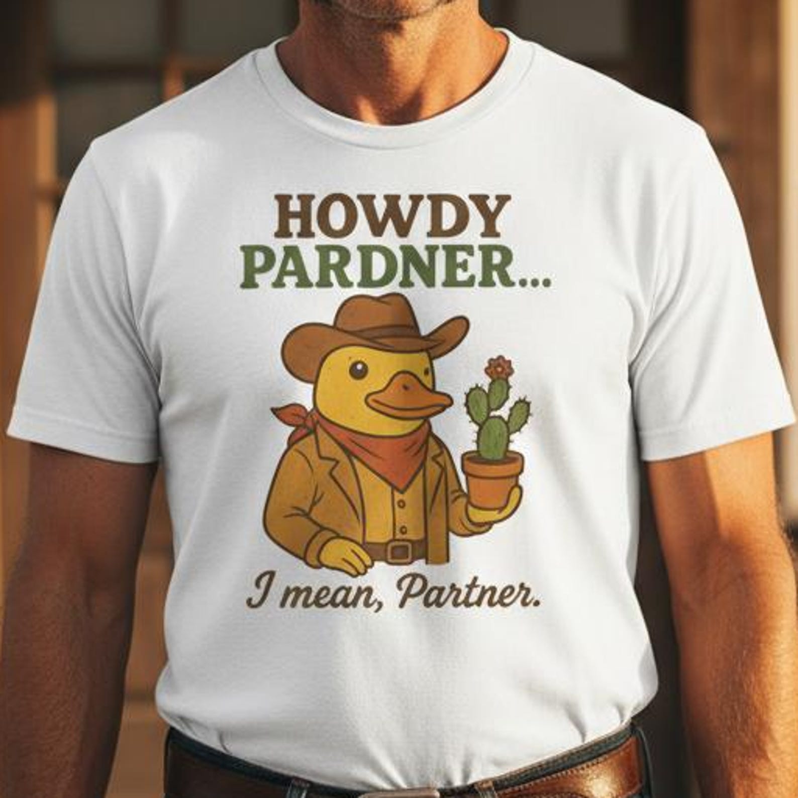 Howdy Pardner I Mean Partner Duck Cowboy T-Shirt, Funny Western Meme Tee, Cute Country Duck Shirt S