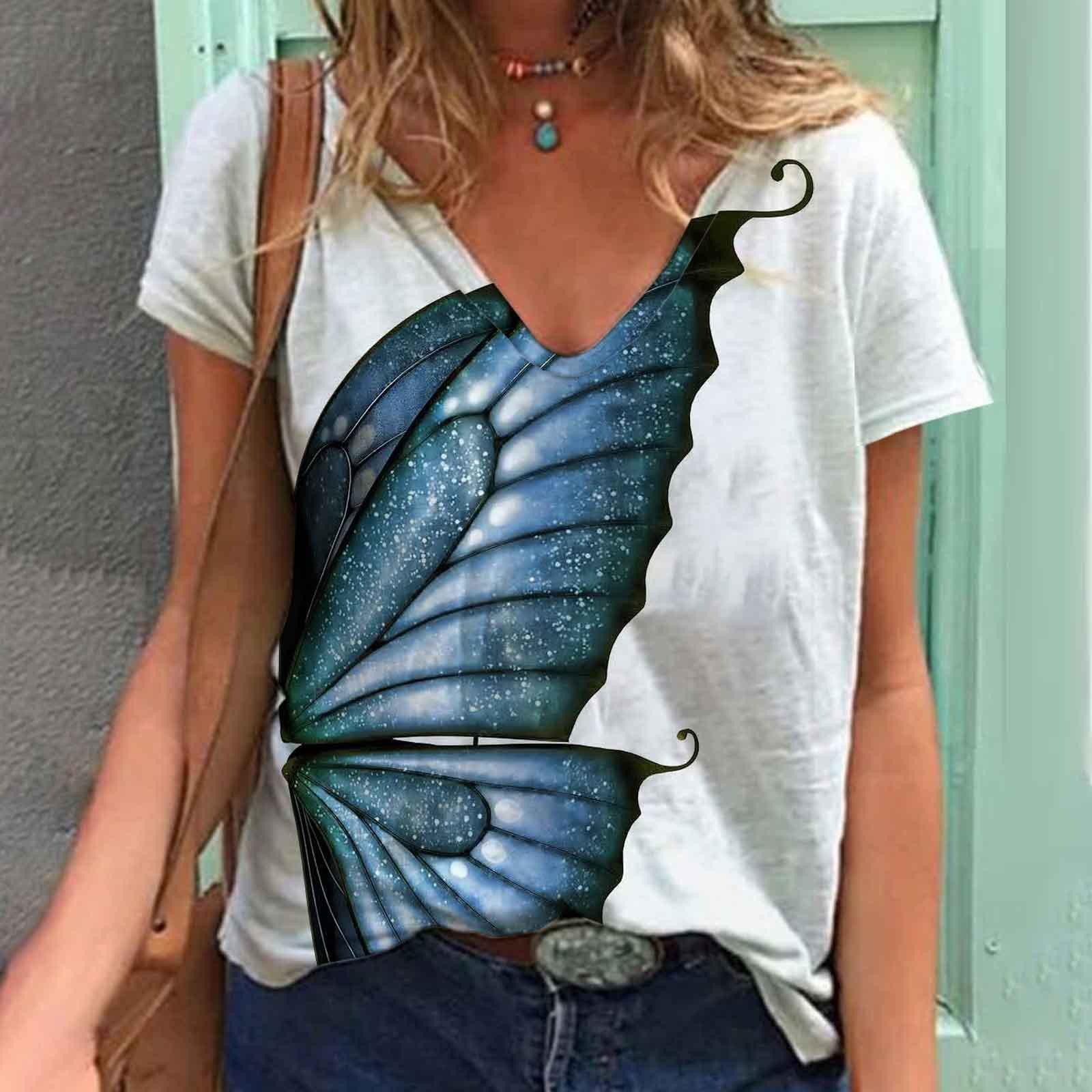 Женские футболки с V-образным вырезом и коротким рукавом с 3D-принтом и принтом бабочки — фото 5