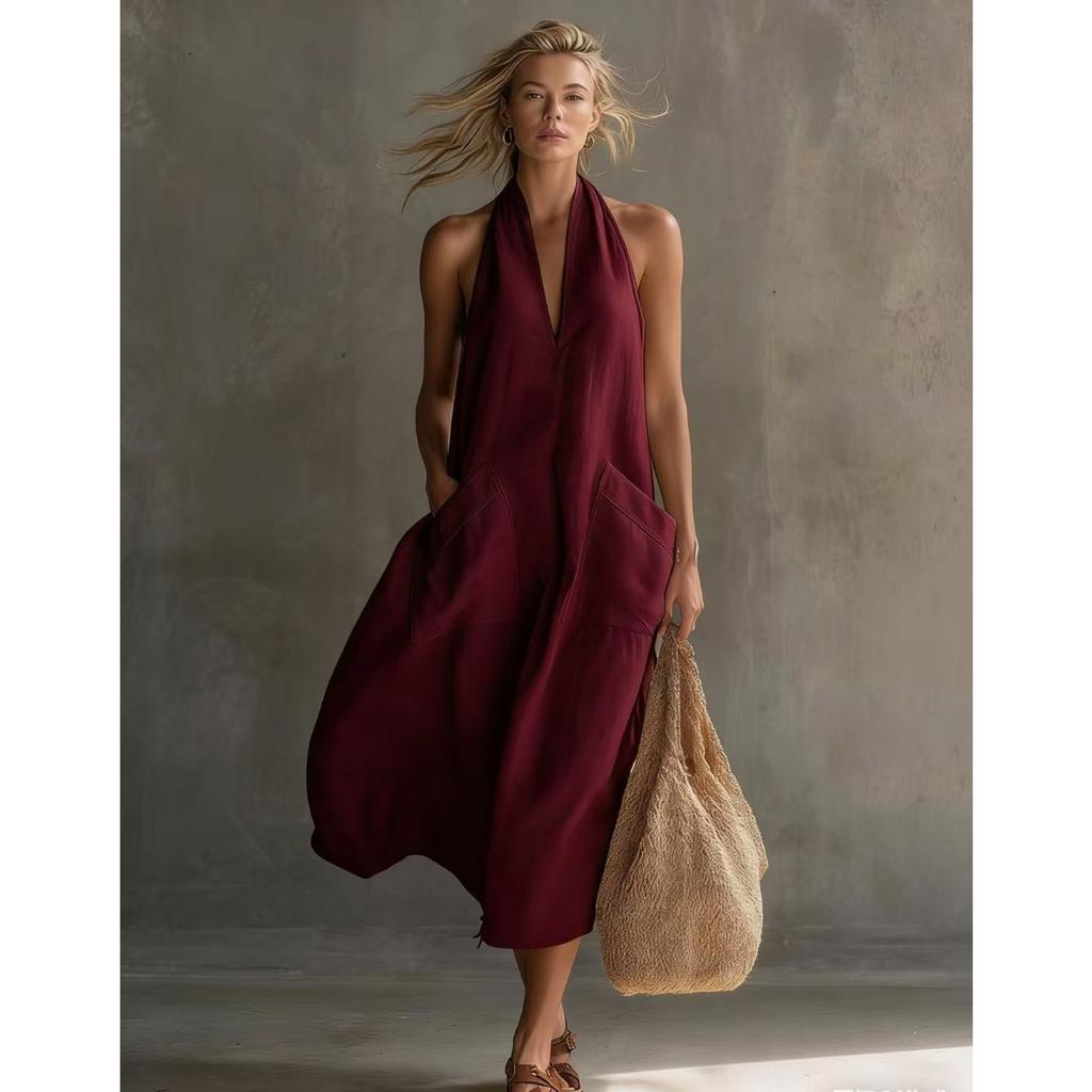 Nuevo Vestido de Verano Casual Vintage de Lino para Mujer, Vestido Midi sin Mangas con Escote en V y Bolsillo de Parche para Vacaciones