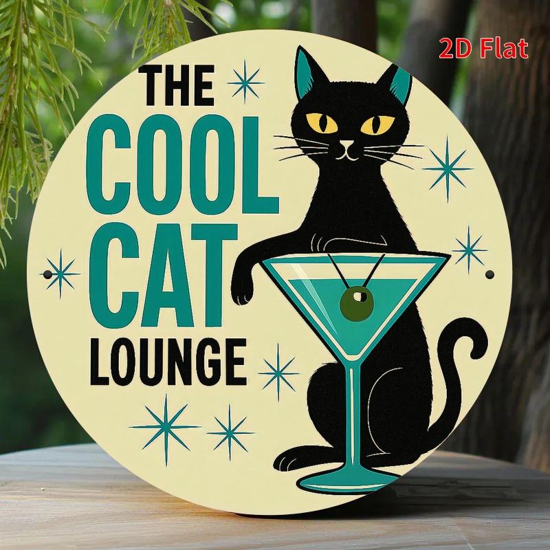 D Flat Metal Sign The Cool Cat Lounge Black Cat with Martini Glass Design Yellow Background with Blue Stars Cm Round