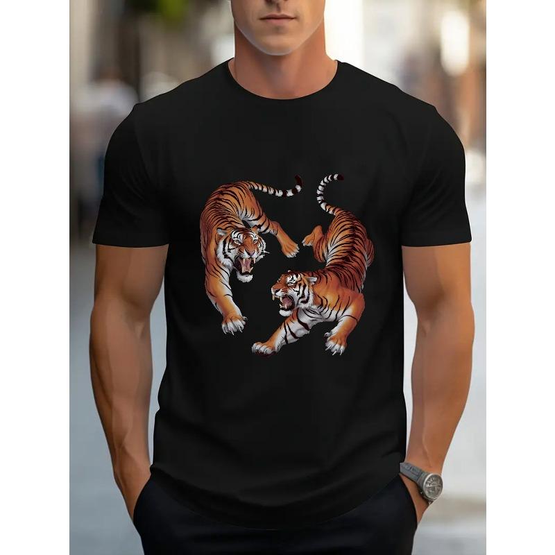 

European sizes Men s Abstract Two Tigers Red & White Line Art Graphic T-Shirt - Soft Loose Fit Casual Tee for Gym, Sports & Casual Attire 4XL чорний