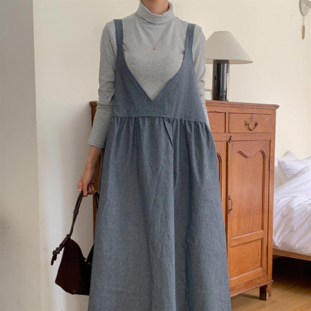 New Arrivals Open Run Women Layered Wrap Camisole Denim Long Dress