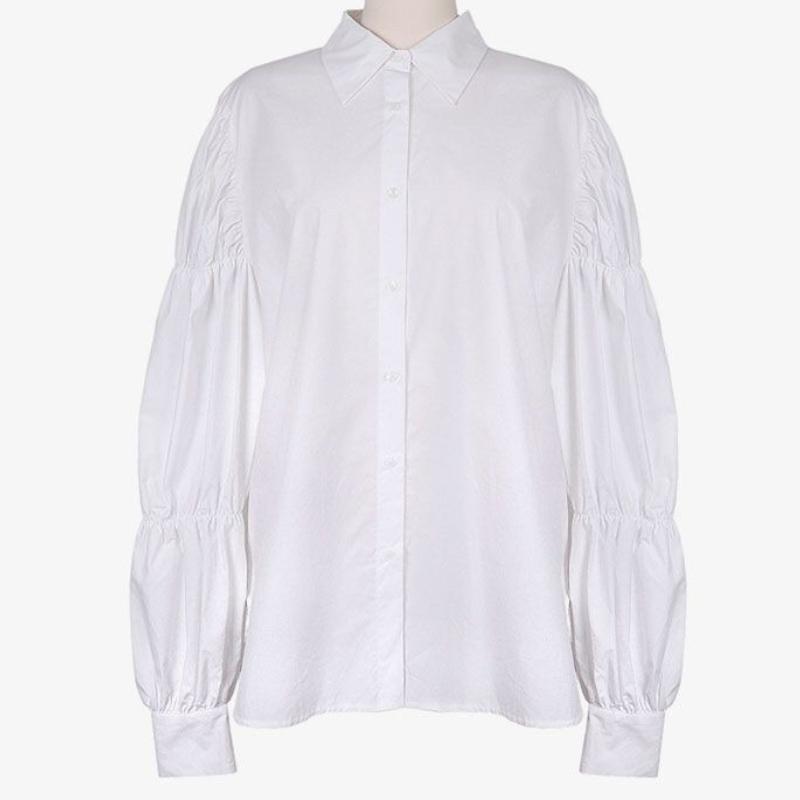 Puff Long Sleeve Women's Shirt White Elastic Pleated Turn Down Collar Blouse Korean Style Spring New Version Loose Sweet Female Top