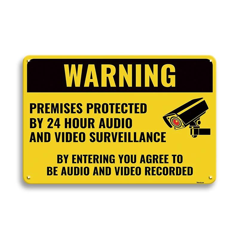 Vintage Tin Sign Retro Warning Metal Sign Video Surveillance Signs No Trespassing Sign Poster For Garage Home Man Cave Wall Deco