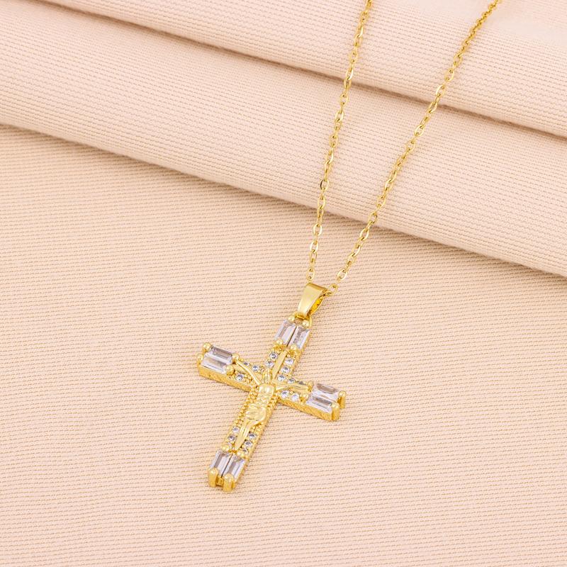 New Bohemia Retro Colorful Zircon Crystal Jesus Cross Pendant Necklaces For Women Vintage Punk Style Female Neck Chain Jewelry