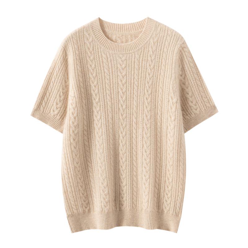 Women's 100% Pure Cashmere Cable Knit Short Sleeve Pullover Sweater