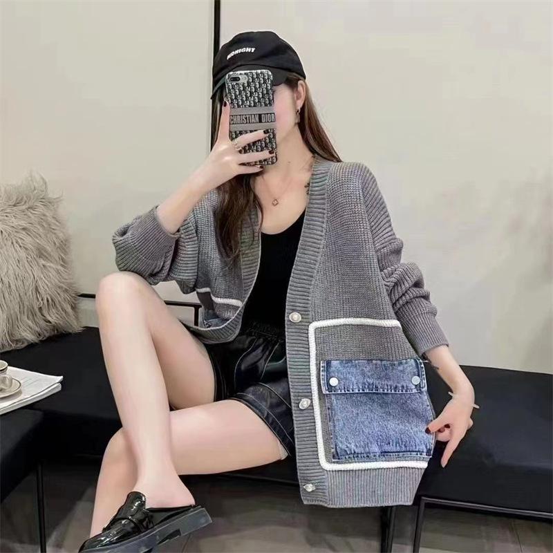 Lazy Wind Sweater Female Cowboy Pocket Splicing Loose Casual Fall Knitted Cardigan Jacket Female Comfortable Versatile and Fashionable