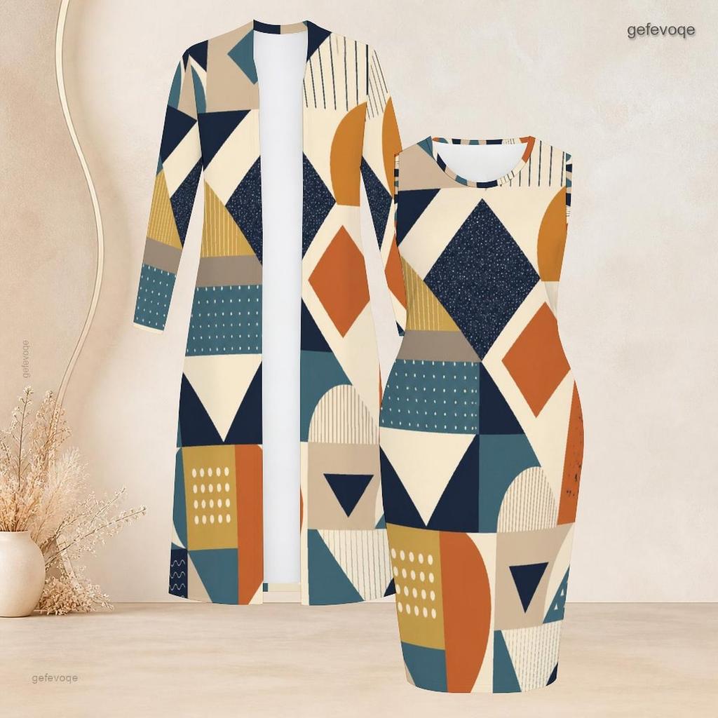 Women Plus Size Geometric Printed Two Piece Set Long Sleeve Open Front Cardigan Sleeveless Bodycon Dress