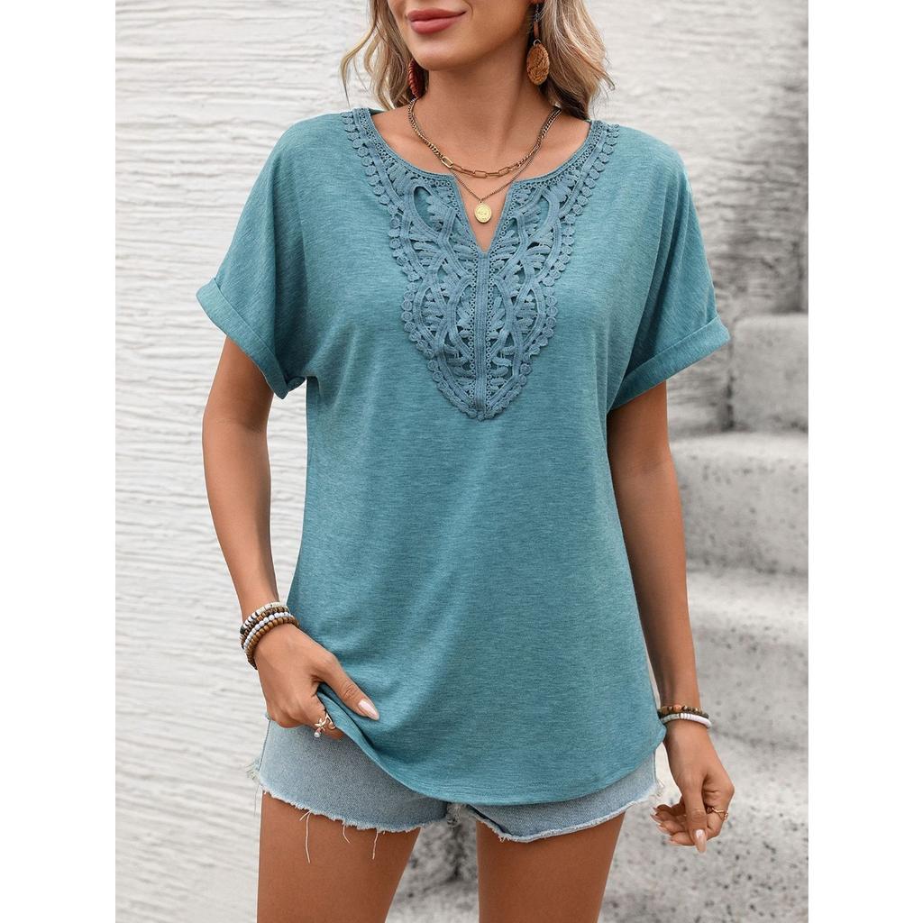 Spring Summer New Women's Solid Color V-Neck Lace Trim Loose Short Sleeve T-shirt Top For Cross-border Trade