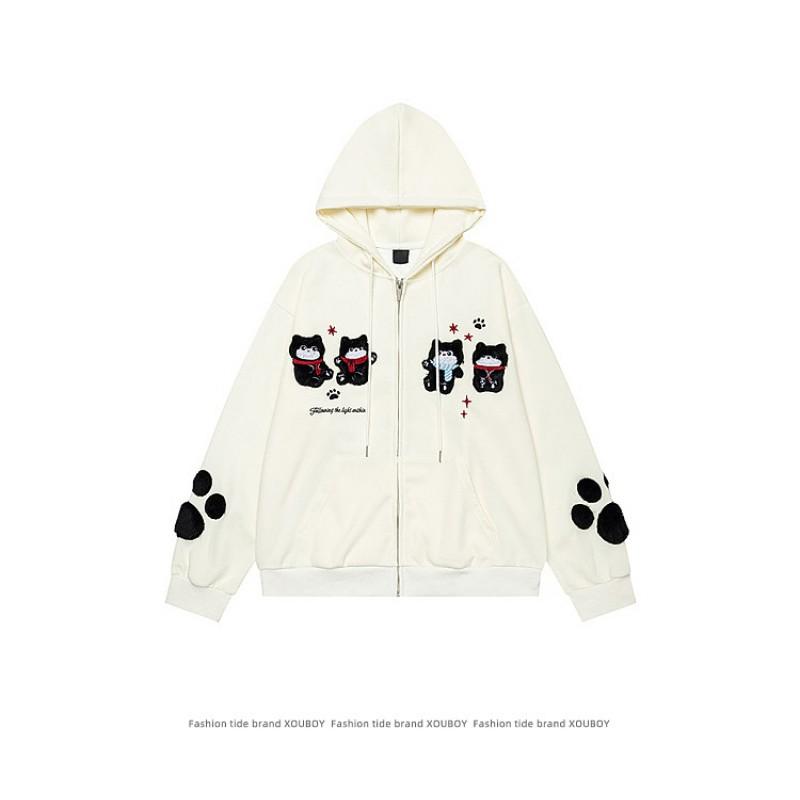 Unisex Oversized Hooded Cardigan With Embroidered Dog Motif Casual Cotton Sweatshirt Loose Fit