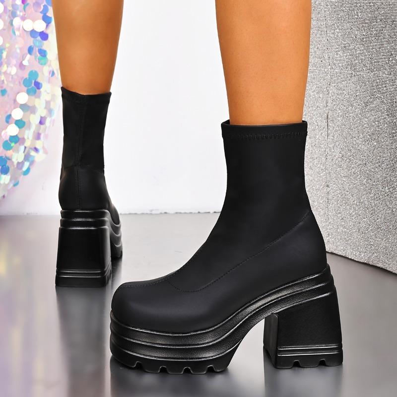 Fashion 10.5 Cm Chunky Heeled Sock Boots for Women Slip On Stretch Fahric Minimalist Platform Boots Goth Mid Calf Comfortable