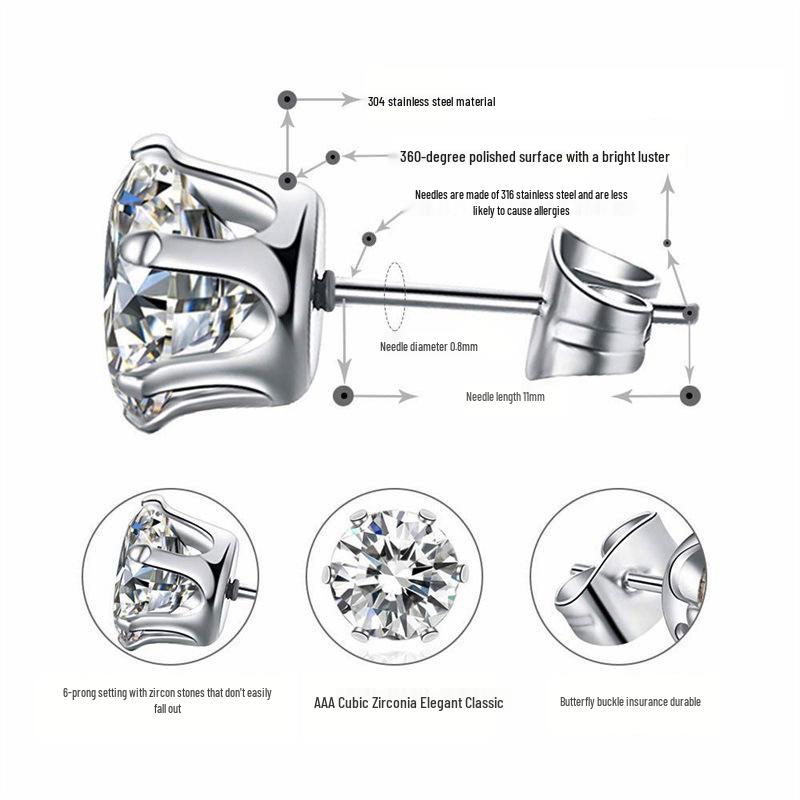 316L Stainless Steel Six-Prong Round Zirconia Stud Earrings - Unisex Anti-Allergy Jewelry