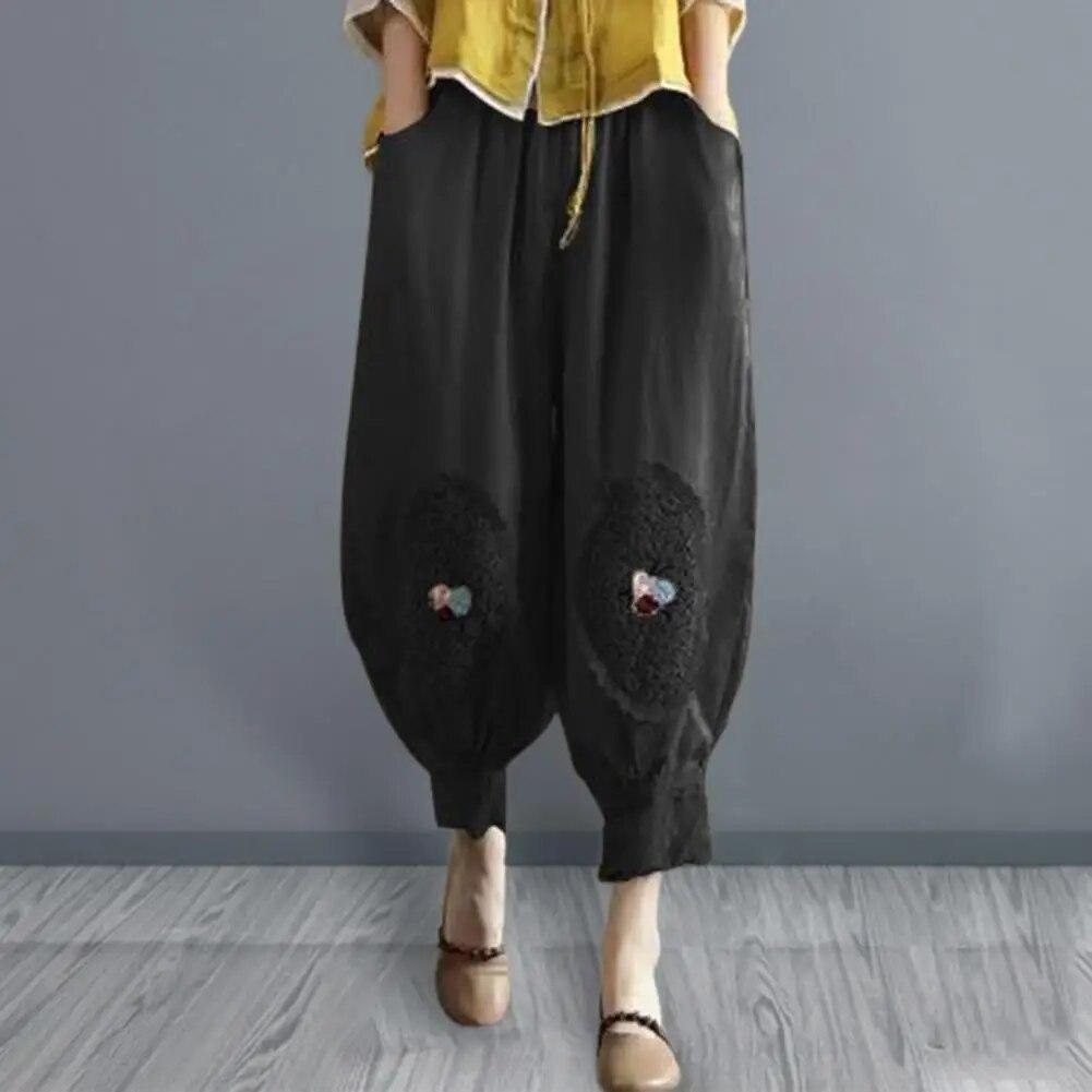 

Women s Cotton and Linen Nine-minute Pants Lantern Embroidery Spliced Lace Lace Casual Loose Elastic Waist Haren Plus Size XXXXL чорний