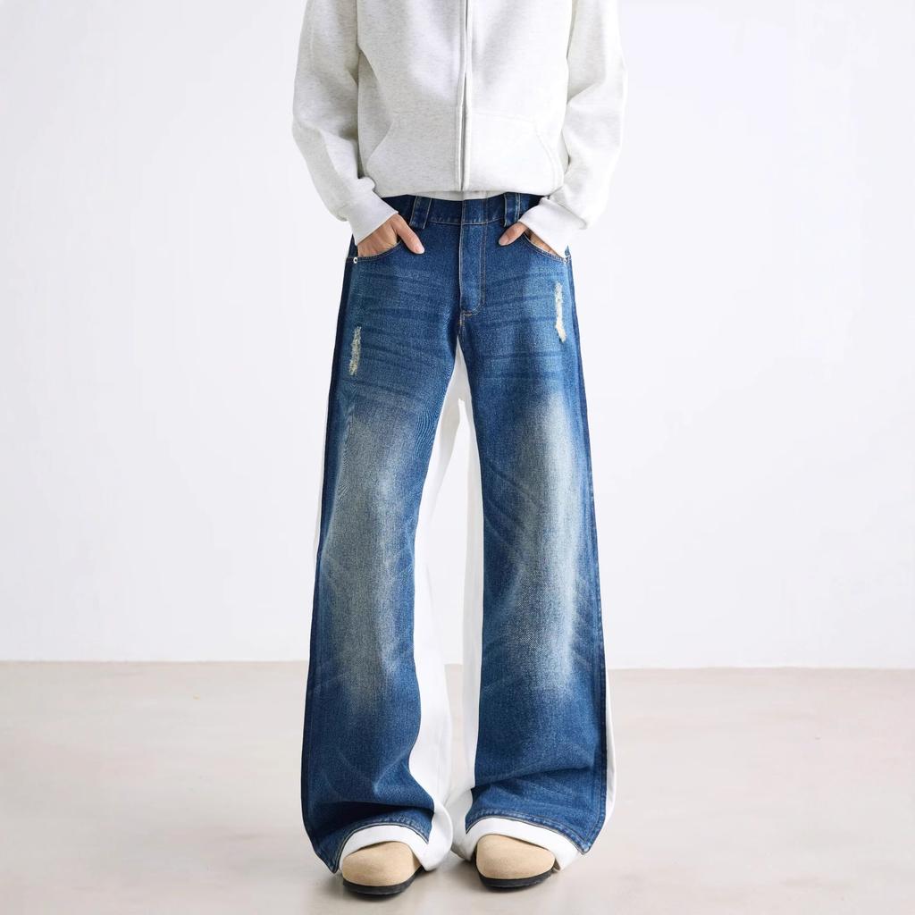 American high street vintage patchwork color-blocking jeans for men and women, casual versatile loose straight-leg wide-leg floor-length pants
