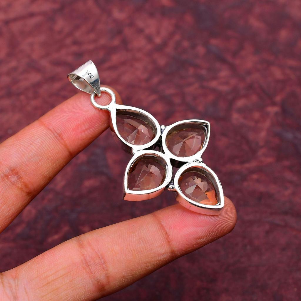 Morganite Gemstone Cross shape Pendant : 925 Sterling Silver Handmade Jewelry Pendant