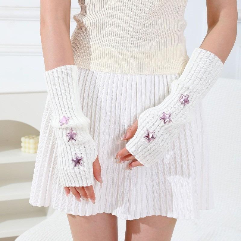 Women's Sweet Lolita Fingerless Gloves White Long Hand Gloves Warm Knitted Arm Sleeves Gothic Girls Cute Shiny Stars Arm Warmers