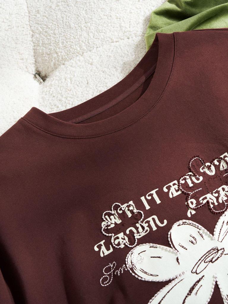 Rongtai Women's 2025 Autumn Retro Casual Printed Cotton Long Sleeve T-shirt