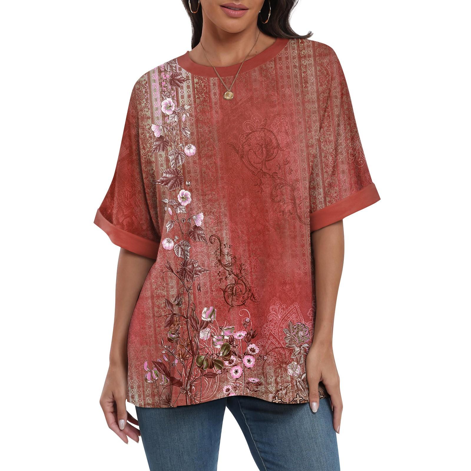 

Женская свободная футболка оверсайз с принтом, круглым вырезом и длиной до плеч, с короткими рукавами XXL красный