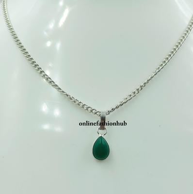 Green Onyx Gemstone 925 Sterling Silver Plated Pear Shape Pendant With Chain Jewelry