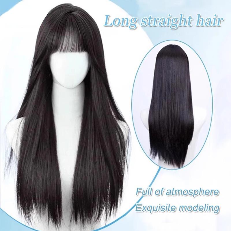 Synthetische 65CM koreanische schwarze lange glatte Haarperücke synthetische natürliche lange glatte Haare mit Pony Perücke