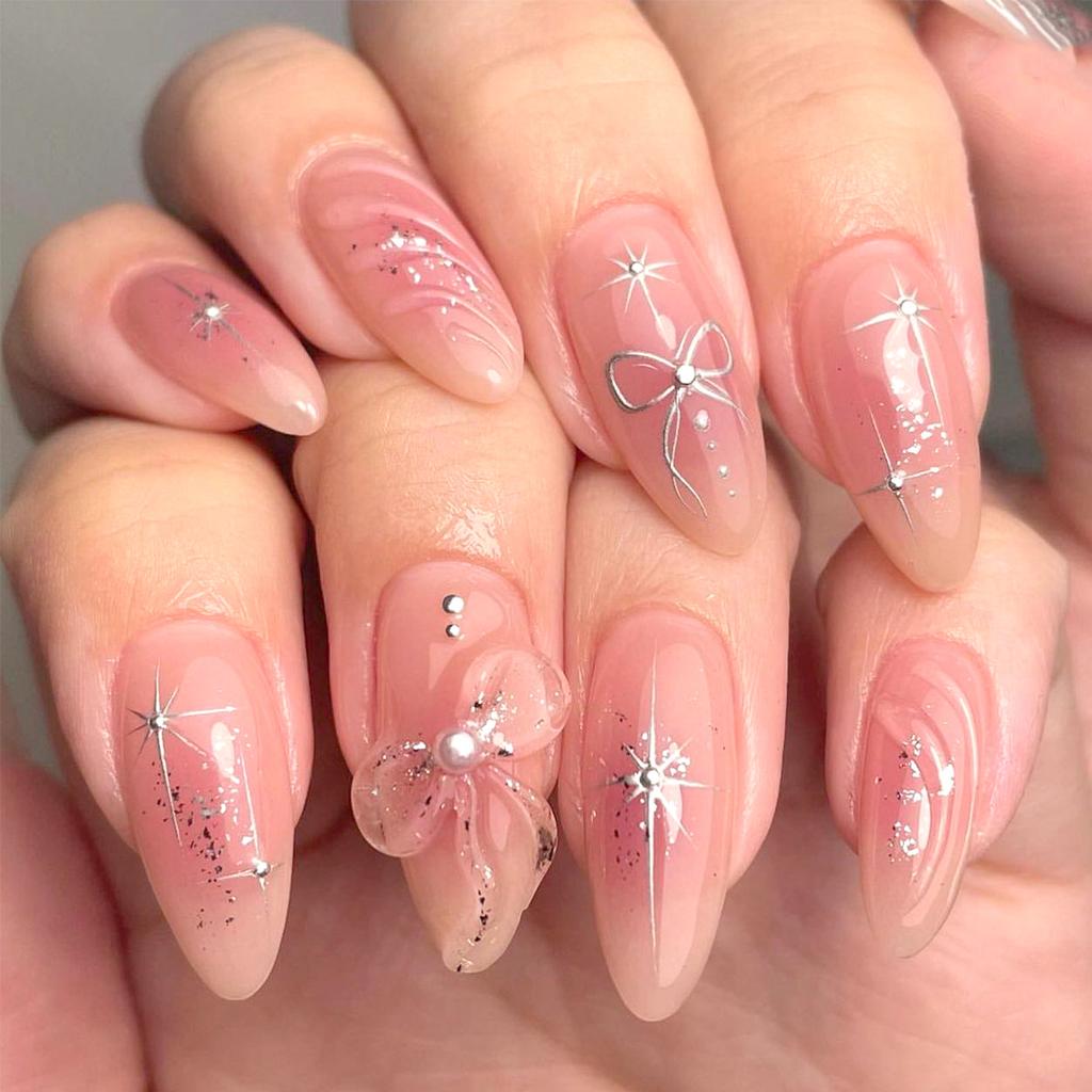 24Pcs French Style Fake Nails 3D Bowknot Designs Short Square Press On Nails Sweet Korean Fashion False Nail for Women Girl