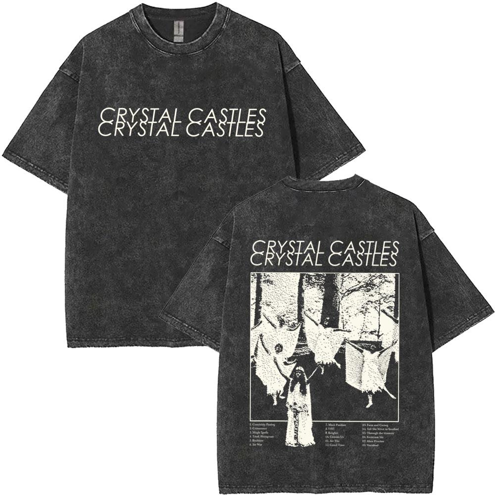 T-shirt Grafica Vintage Lavata Crystal Castles Uomo Donna Retro Gotica Rock Oversize T-shirt Maschile Cotone di Alta Qualità